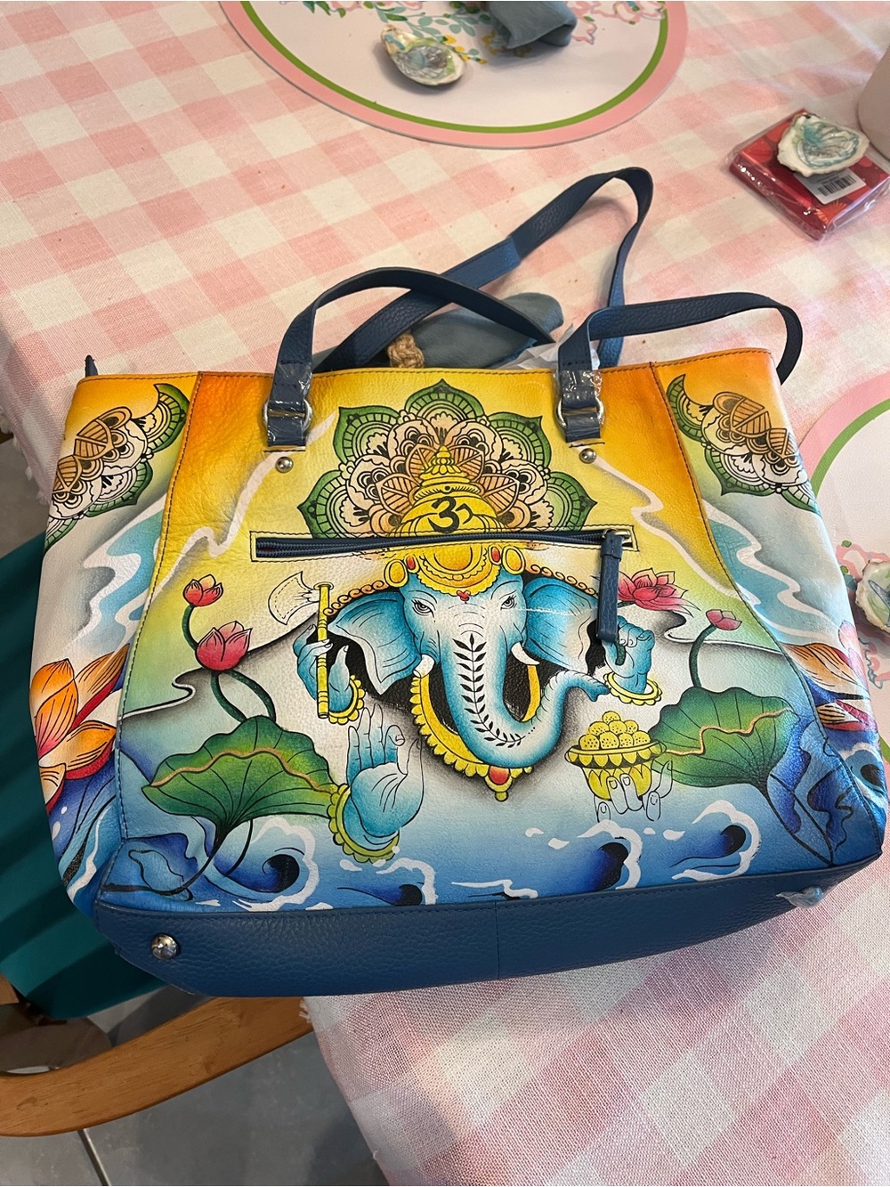Colorful Sukriti Ganesha Art Tote Bag in Blue and Yellow
